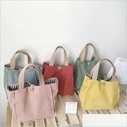 Lunch Bags Youda Lunch Bag For Women Canvas Totes Portable Food Bags Picnic Cotton Linen Storag Pack Solid Colour Corduro Homeindustry Dh2G6