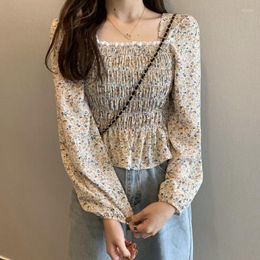 Women's Blouses Women's & Shirts Square Collar Floral Chiffon Blouse Women Long Sleeve Elastic Waist Slim Crop Tops Spring Korean Style