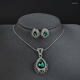 Necklace Earrings Set 2pcs Pack 2022 Luxury Green Colour Pear Silver Bride Dubai Wedding For Women Lady Anniversary Gift J5896