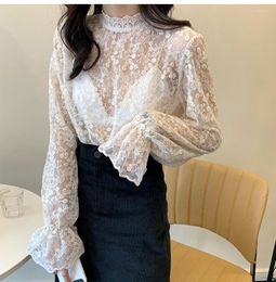 Women's Blouses Women's & Shirts 2022 Spring Summer Women Transparent Turtleneck Girls Full Flare Sleeve Sexy Lace Flower Tops For