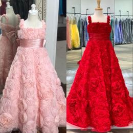 Girl Dresses Stunning Pink Rosettes Girls Pageant Dress 2022 For Infant Toddler Kids Baby 3D Roses Floral Birthday Party Gown Teens