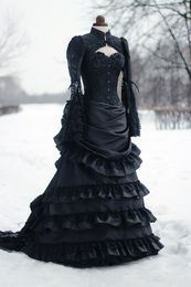 Vintage Victorian Wedding Dress Black Bustle Historical Mediaeval Gothic Bridal Gowns High Neck Long Sleeves Corset Winter Cosplay Masquerade Dresses 2022