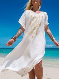 100 Cotton Swimsuit Material Summer Beach Dress For Women White Split Kafftan