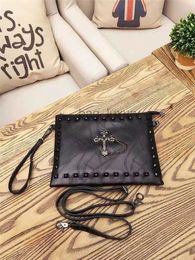 Luxury Designer studded shoulder bag for Men - Soft Leather Envelope Clutch with Metal Cross and Punk Elements - High Quality Handbag