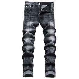 punk style mens black printed jeans fashion casual straight stretch denim trousers grinding white male brand pants pantalones