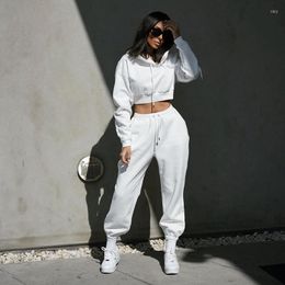 Women's Two Piece Pants Women Solid Colour Tracksuit Set Long Sleeve Hooded Sweatshirt And Loose Drawstring Waistband 2-piece Suit Sportswear