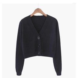 Women's Knits Women's & Tees Abrini 2022 Autumn Crop Cardigan Warm Long Sleeve Sweater Top Female Button Up High Waist V-Neck Solid