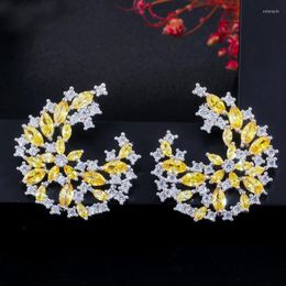 Dangle Earrings CWWZircons Unique Elegant Design Silver Colour Big Leaf Flower Yellow CZ Crystal Drop For Women Fashion Jewellery CZ621