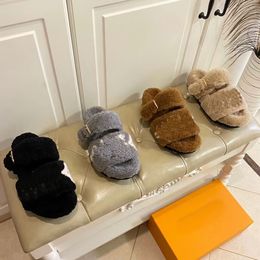 Paseo Flat Comfort Sandal Pur Fluffy Shearling Home Slides ao ar livre Slides de l￣ Khaki verde de borracha de borracha de borracha