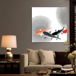 Canvas Painting Big size Wall Art Picture Traditional Chinese Calligraphy Painting Koi Fish Lotus Canvas Prints For Living Room Decor