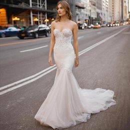 Graceful Beaded Mermaid Wedding Dresses Sweetheart Neckline Lace Bridal Gowns Plus Size Sequined Sweep Train Tulle Vestido De Novia