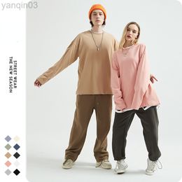 Erkek Hoodies Sweatshirts 2022 Sonbahar Kış T-Shirt Katı Moda Gevşek Basit Uzun Kollu% 100 Pamuk Alt Gömlek Harajuku Street Giyim L220901