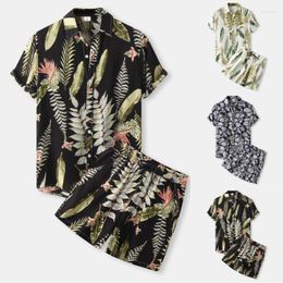 Men's Tracksuits Men's Skinny Vest Male Summer Hawaii Print Suit Two Piece Short Sleeve Turn Down Collar Shirt Pocket Shorts Formal