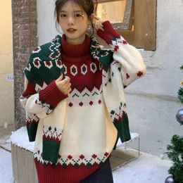 Camisolas femininas Mulher feminina Camisola de gola alta 2022 Moda coreana Elegante impressão de Natal selvagem Design casual solto quente quente