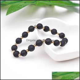 Charm Bracelets Gold Colour Spacer Natural Lava Bracelets For Men Mixed Black Beads 8Mm Volcanic Stone Energy Bracelet Jewellery C3 Drop Dhxcu