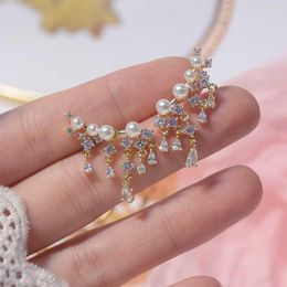 Stud Earrings Fashion Brand Jewellery Elegant Crystal Waterdrop Tassel For Women Simple Style Gift Pearl