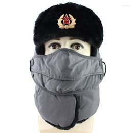 Berets Soviet Badge Ushanka Outdoor Cold Northeast Thick Plus Velvet Men's WOMEN'S Winter Cycling Warm Earmuffs Hat