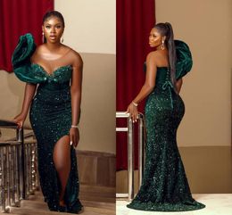 Hunter Green Sequined Prom Dresses Aso Ebi Style Plus Size Lace Up Back Side Split Mermaid African Evening Party Dress