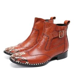 Kış erkek ayakkabıları kahverengi orijinal deri ayak bileği botları artı boyutta fermuarlı kısa botlar erkek batı kovboy çizmeleri