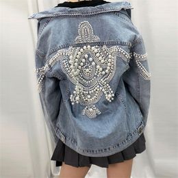 Womens Jackets TEELYNN Denim women jacket vintage More than 2 000 pearl studs inlaid loose coat long sleeve Autumn Outerwear female boho jacket 220901