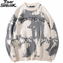 Mens Sweaters Men Hip Hop Streetwear Knitted Sweater Pullover Embroidery Sweater Autumn Harajuku Cotton Casual Pullover Black White 220901