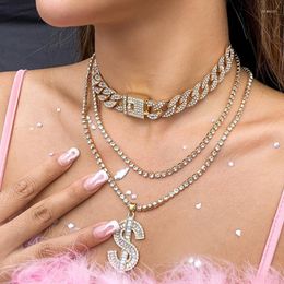 Pendant Necklaces 3PCS/Set Rhinestone Cuban Buckle Dollar Sign Necklace Jewelry For Women Gift Crystal Adjustable Hiphop Choker