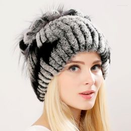 Berets Winter Fur Hat For Women Real Rex With Silver Flower Knitted Beanies Sale High-end Cap