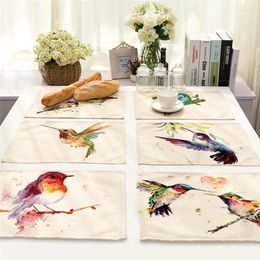 Table Mats 42 32cm Bird Branch Pattern Placemat Coasters Dining Mat Cotton Linen Bowl Cup Kitchen Pads For Home Decor Gifts