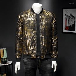 Giacche da uomo Luxury Black Gold Print Giacca da festa Outfit Club Bar Cappotto da uomo Bomber jacquard primaverile