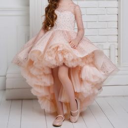 Hi Lo Flower Girl Dress 2023 Couture Girls Blush Pink Sparkly Birthday Gowns Sheer Shoulder Long Sleeves Toddler First Communion Little Bride Ruffle Tulle Skirt