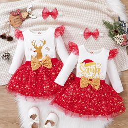 Clothing Sets Infant Girls Long Sleeve Christmas Letter Cartoon Deer Printed Romper Bodysuit Tulle Skirts Headbands Corduroy Jumper Set