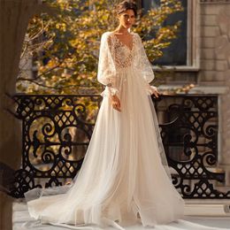 Wedding Dress A-Line Classic Lace Long Sleeves V Neck Backless Appliques Sequins Beads Plus Size Sparkling Hollow Lace Ruffles Bridal Gowns Train robe custom made