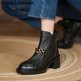 Boots Leather Runway Short Ladies Fringe Ankle Zip Chunky High Heel Shoes Woman Chain Tassel Boot Women Winter Bottines 220901