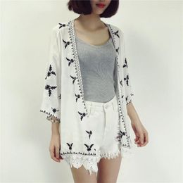 Women's Blouses 2022 Loose Embroidery Lace Tassel Kimono Cardigan Shawl Short Shirts Long Sleeve Coat European Style Casual Fashion Tops