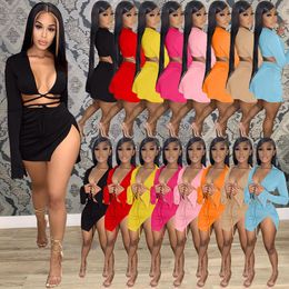 Women Two 2 Piece Dresses Set Swimsuit Summer Sexy Side Split Mini Skirts And Lace