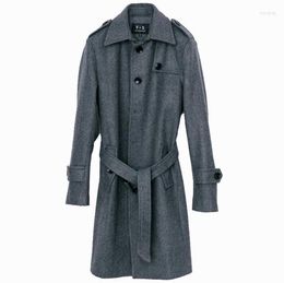 Men's Wool Men's & Blends Grey Casual Woollen Coat Men Trench Coats Belt Winter Warm Long Sleeves Overcoat Mens Cashmere Casaco
