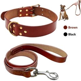 Dog Collars Durable Leather Collar And Leash Genuine Dogs Pet Walking Lead Rope Adjustable For German Shepherd Rottweiler