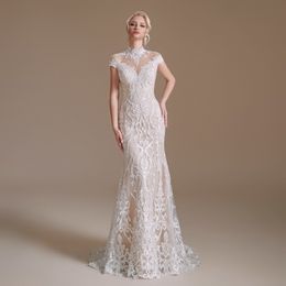 Mermaid Wedding Dress Short Sleeve Lace-up Bridal Dress Gown Simple YS00061