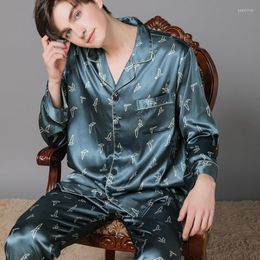 Men's Sleepwear Pyjamas SpringTrousers Luxury Men Clothing Silk Thin Suit Male Homewear Summer Long-sleeved Men's Printed
