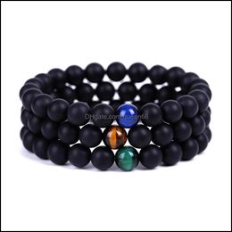 Beaded Strands Matted Black Beads Tigers Eye Stone Strand Bracelet Friendships Buddha Yoga Strench For Women Men Jewelry Drop Delive Dhtl0