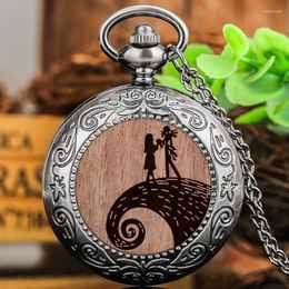 Pocket Watches Halloween Series Engraved Wood Decorative Retro Quartz Watch Grey Black Necklace Pendant Clock Vintage Gift Unisex