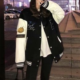 Womens Jackets Casual Bear Embroidery Bomber Jacket Women Round Collar Pocket Spliced Baseball Jackets Korean Style Streetwear Loose Coats 220901