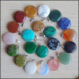 Charms 20Mm Flat Round Ball Assorted Mixed Natural Stone Charms Crystal Pendants For Necklace Accessories Jewellery Making Drop Deliver Dhxod