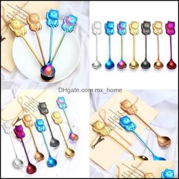Spoons 304 Stainless Steel Dessert Spoon Money Cat Modelling Ice Cream Spoons Bar Blue Black Coffee Stir Tableware 4 2Xs L1 Drop Deliv Dhy2A