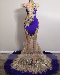 Sexy Purple Mermaid Evening Dresses 2023 Feathers Golden Beads Aso Ebi Birthday Party Dress Formal Gowns Robe De Bal Custom Made