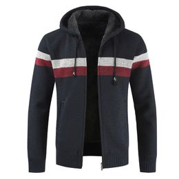 Mens Sweaters Mens Winter Thick Warm Fleece Sweater Casual Gradient Striped Cardigan Hooded Coat Knitted Zipper Sweatercoat Cashmere Clothes 220901