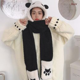 Berets Cute Panda Hoodies Scarf W/ Mitten Fluffy Warm Plush Hat Set Windproof Winter 6XDA