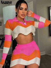 Women's Tracksuits Nsauye Sexy Women 2022 Autumn Winter Knitted Striped Crop Tops And Mini Orange Wrap Skirt Club High Wasit Dress Two Piece Set T220827