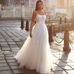 Wedding Dress Sexy Spaghetti Straps Dresses 2022 Appliques Backless Square Collar Court Train Robe De Mariee Bride Gown Soft Tulle