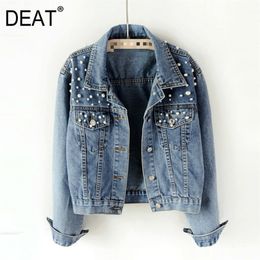 Womens Jackets DEAT Fast Delivery Autumn Fashion Womens Denim Jacket Full Sleeve Loose Button Pearls Short Lapel Wild Casual AP446 220901